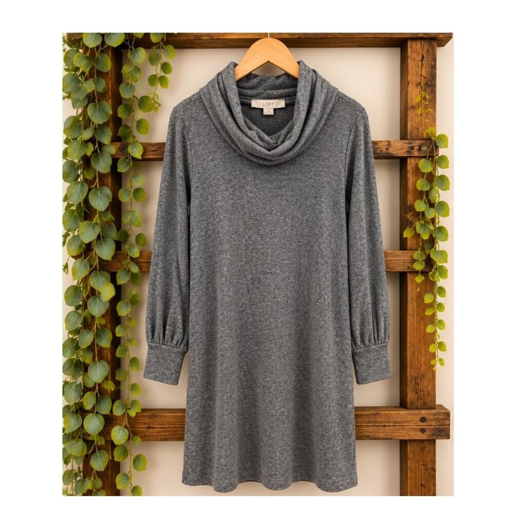 LOFT Gray Heathered Cozy Cowl Neck Blouson Sleeve Shift Dress | Medium